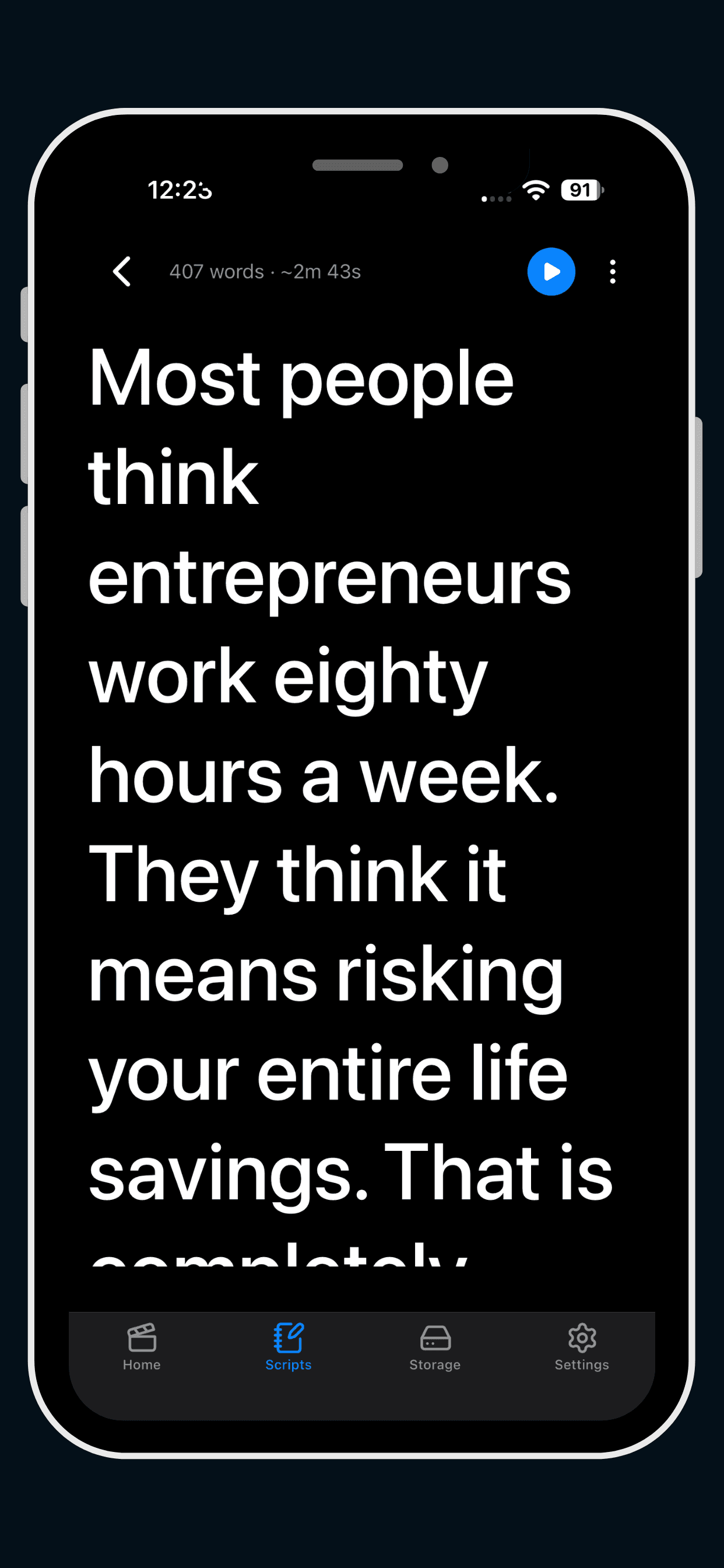 Eranol iOS app reading view showing a script in large text with word count and estimated time